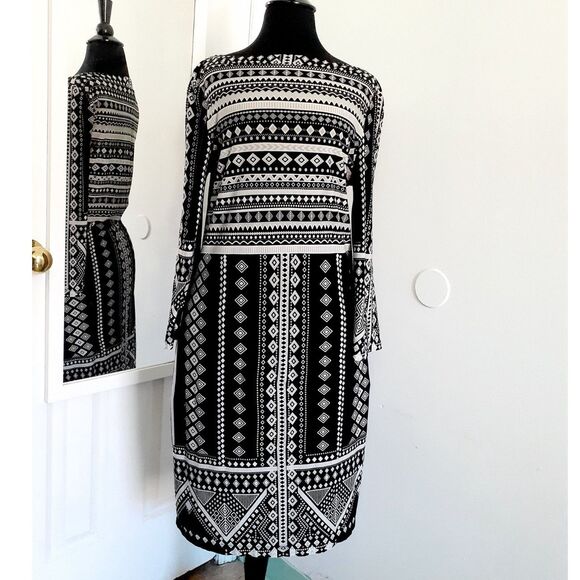 Beige by eci Black White Geometric Print 3/4 Sleeves Jersey Shift Dress Size 8 - Picture 5 of 9